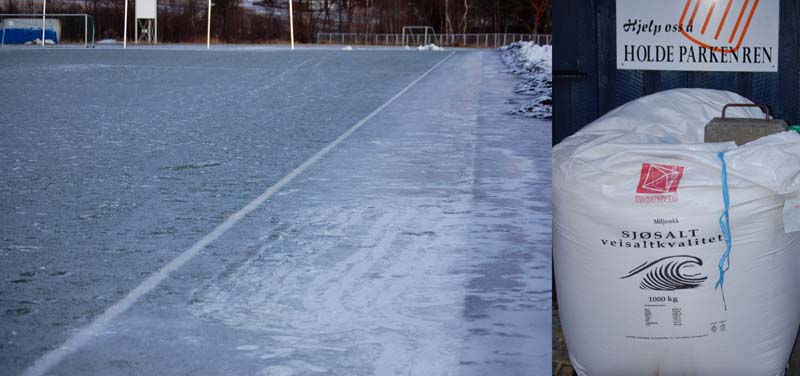 Salt skal fjerne isen i Vestnes idrettspark. (Foto: Kaims)